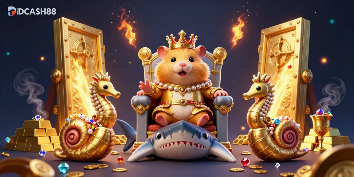 Join the adventure at IDCASH88 with a fierce hamster king and treasure-filled backdrop!