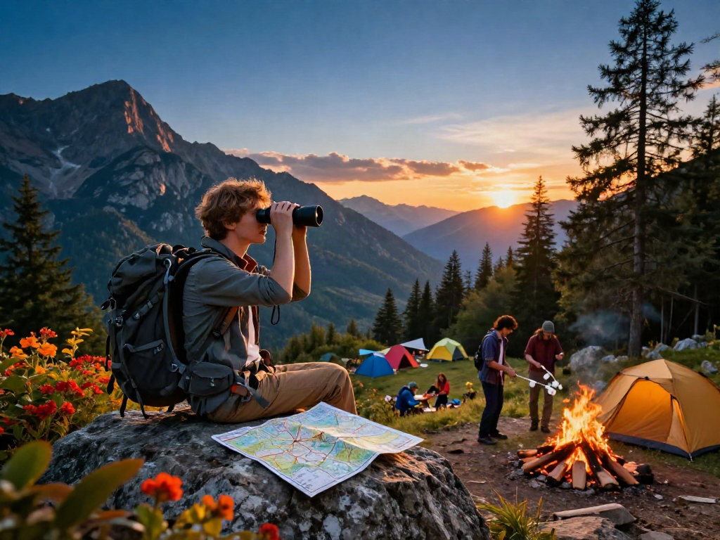 Adventurer enjoying sunset views with depo 10k hiking gear amidst scenic mountains.