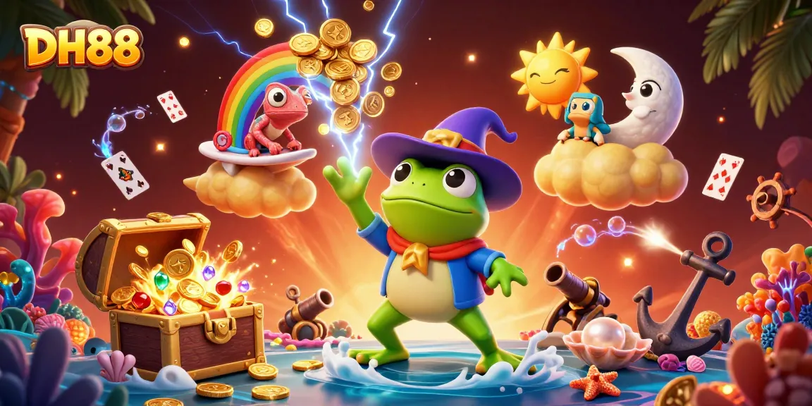 Experience thrilling wins at DH88 with vibrant casino-themed 3D illustration featuring magical characters.