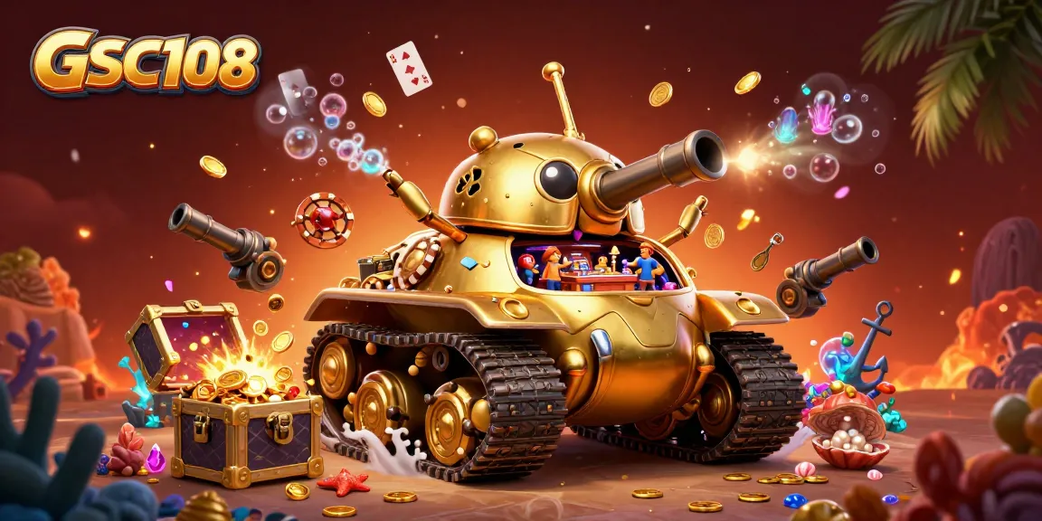 Engage in thrilling gameplay with GSC108's golden beetle casino tank amidst vibrant treasures.