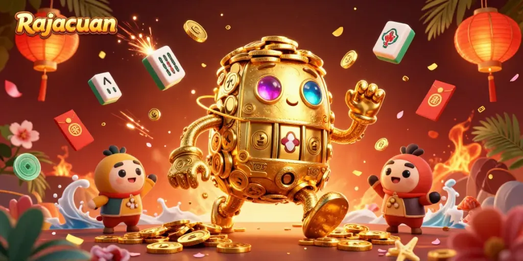 Rajacuan's dynamic casino adventure featuring a golden golem, fireworks, and mahjong tiles.