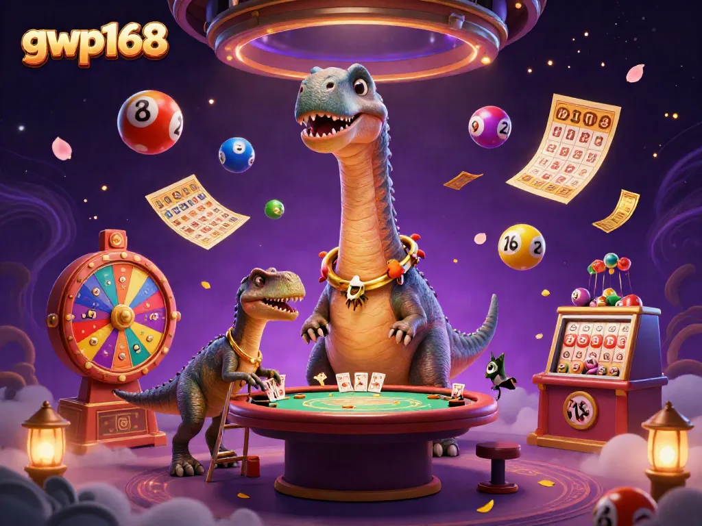 Menghasilkan kemenangan dengan gwp168, brontosaurus besar melihat meja poker, dinosaurus meriah di kasino.