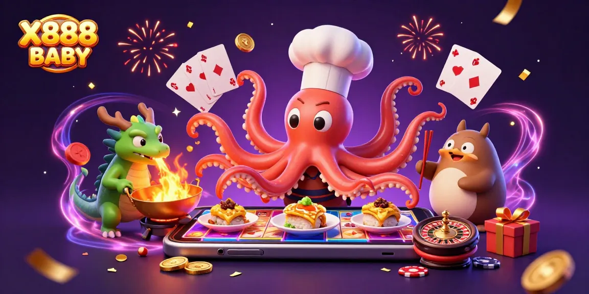 X888 BABY showcases a dynamic casino scene with a sushi chef octopus, dragon, and tanuki enjoying thrilling slot games.