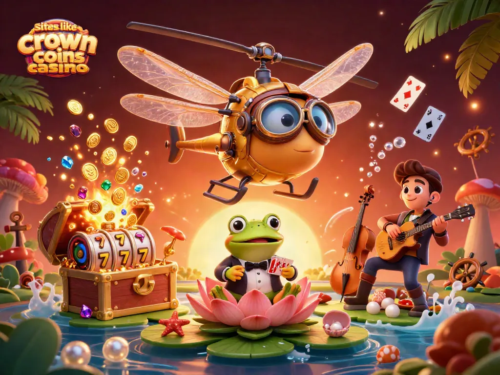 Experience the excitement of sites like crown coins casino in a vibrant 3D casino scene with engaging characters.