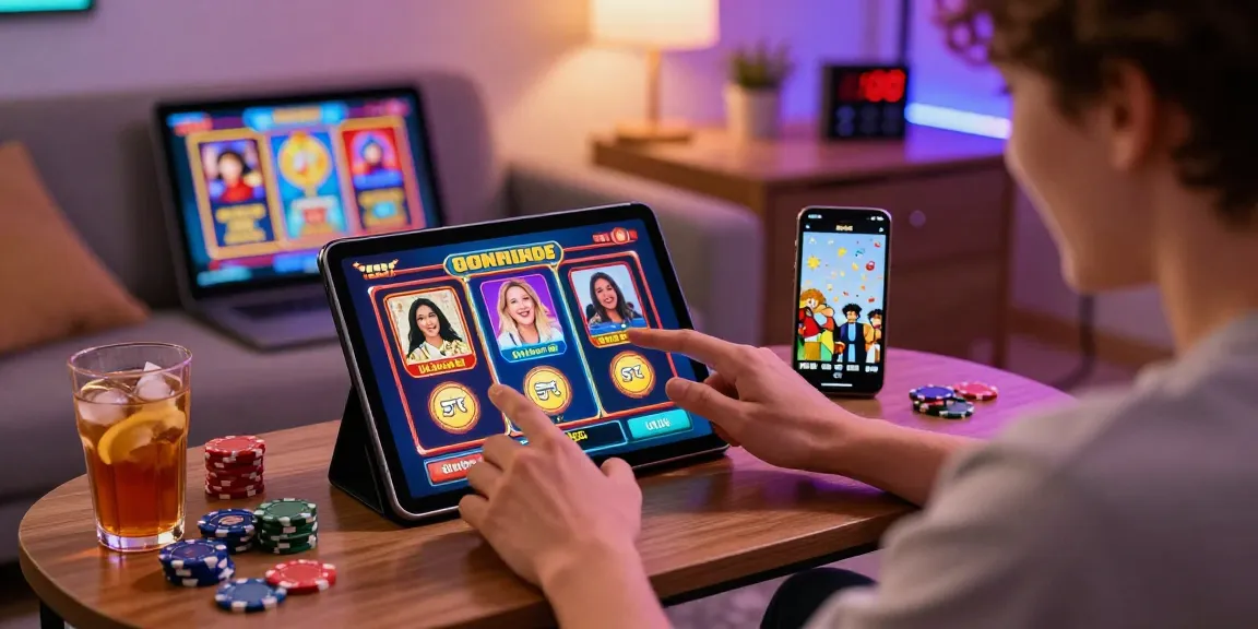 Slot gacor menampilkan pemain bersemangat di tablet dalam suasana menyenangkan.