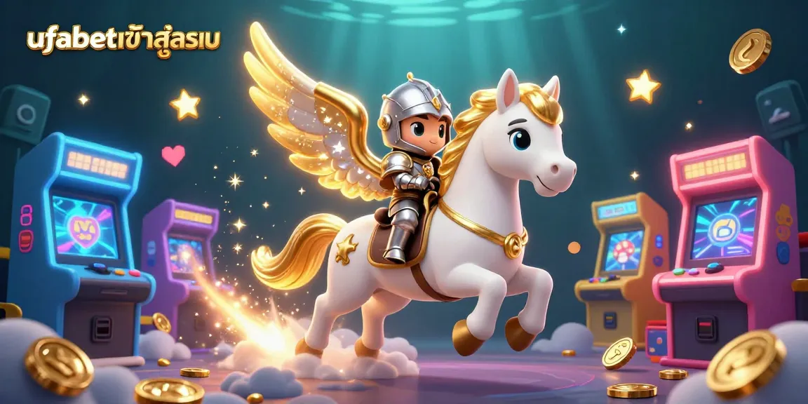 Engaging scene depicting ufabetเข้าสู่ระบบ with a celestial horse, arcade game elements, and vibrant casino features.