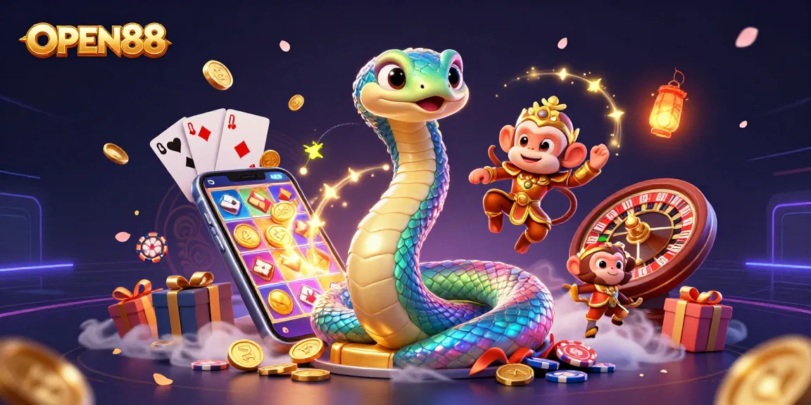 Feel the excitement of OPEN88 with a vibrant illustration of casino games, lucky symbols, and lively characters.