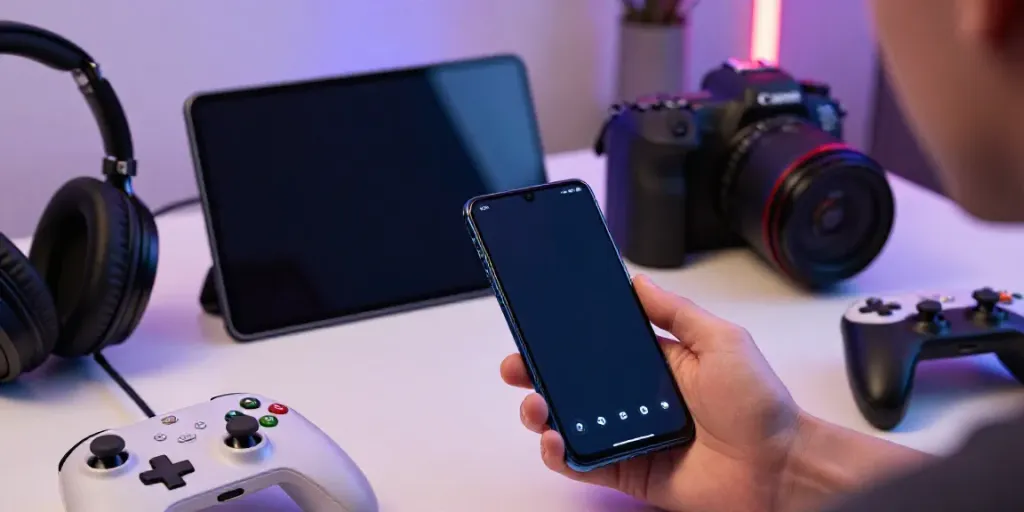 Download app interface displayed on smartphone in a vibrant gaming setup.