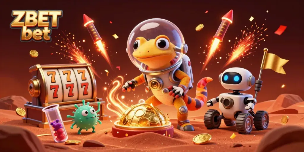 Engaging scene showcasing a Martian gecko discovering a golden casino for ZBET bet with dynamic gaming elements.
