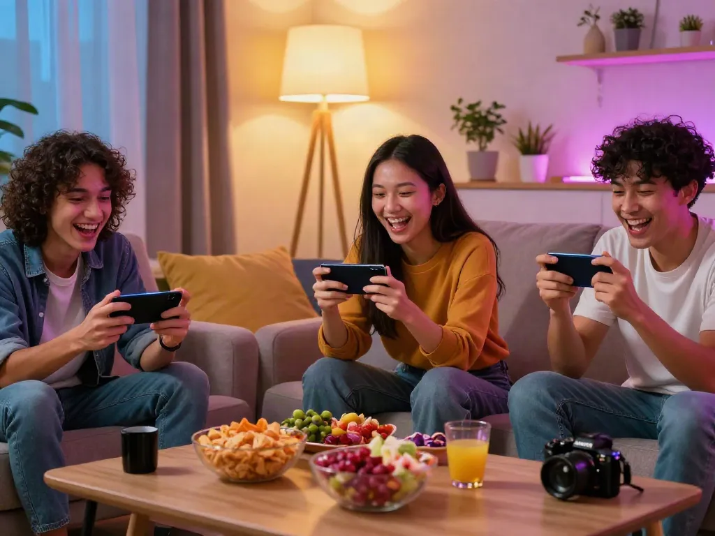 Young adults enjoying Yono Games in a cozy living room with snacks.