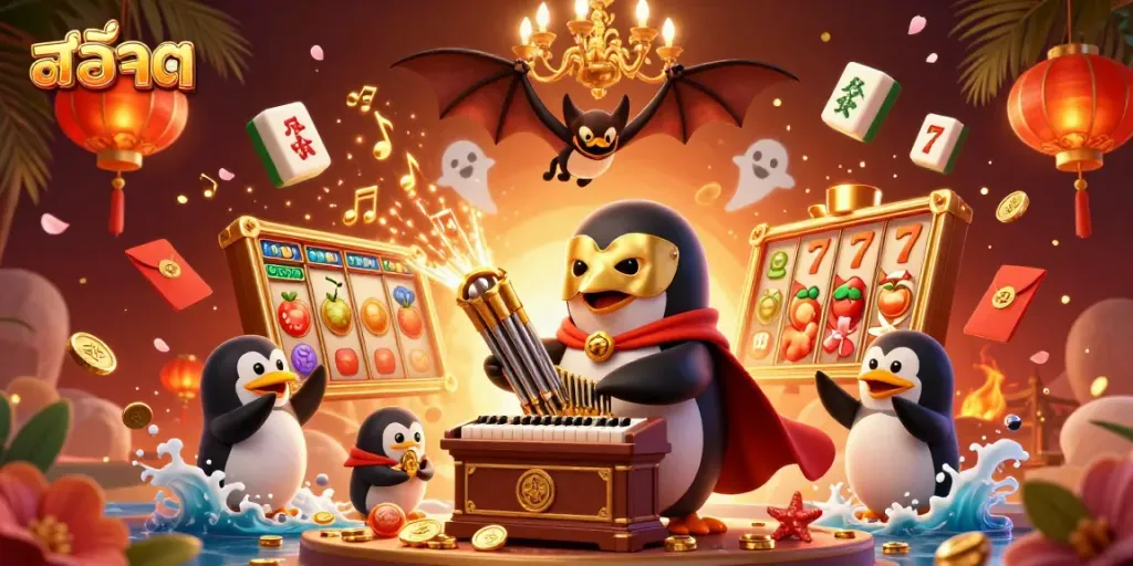 Experience exciting สล็อต gameplay with a 3D cartoon phantom penguin playing a golden organ amid vibrant casino elements.