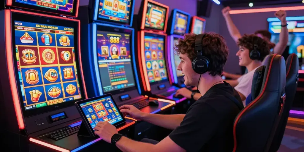 Player interacting with slot88 on a tablet amidst a lively online gaming atmosphere.