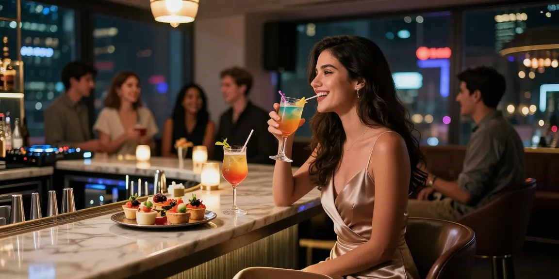 Người phụ nữ xinh đẹp trong trang phục dạ tiệc tận hưởng không khí sôi động tại quán bar vào buổi tối, thể hiện sự quyến rũ của gái gọi.
