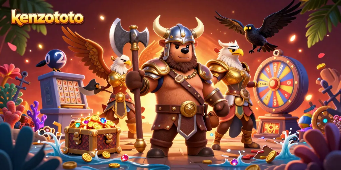 Kenzototo lottery game scene with a Viking bear and Valkyrie eagle, surrounded by treasure and numbered balls.