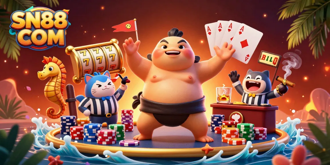 Engage in thrilling games at SN88 COM with an animated underwater casino scene featuring unique characters and rich elements.