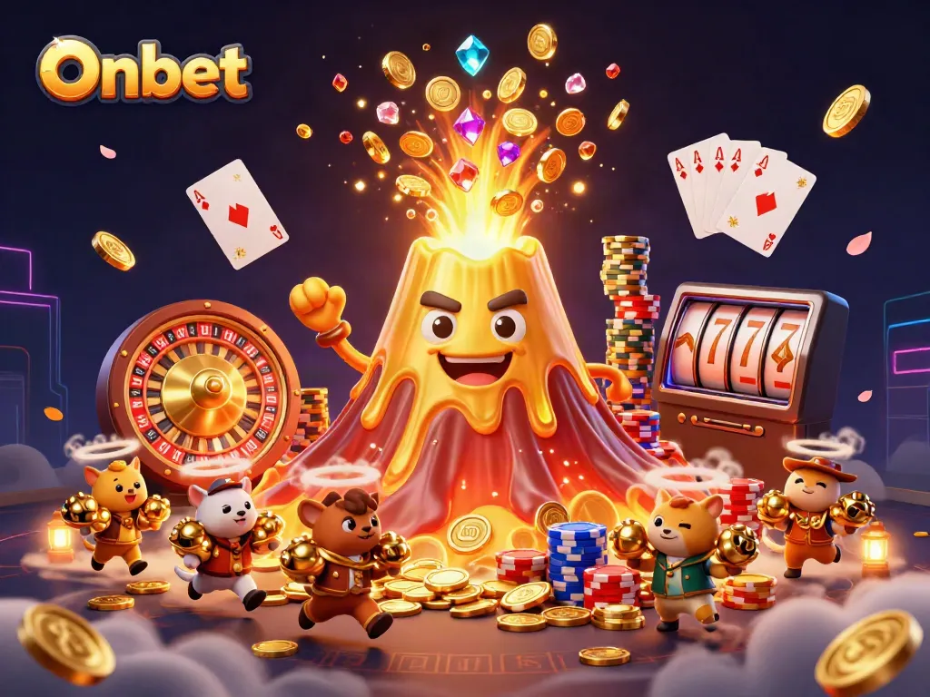 Experience thrilling wins at Onbet with a dynamic illustration of a vibrant 3D casino scene filled with treasures and excitement.