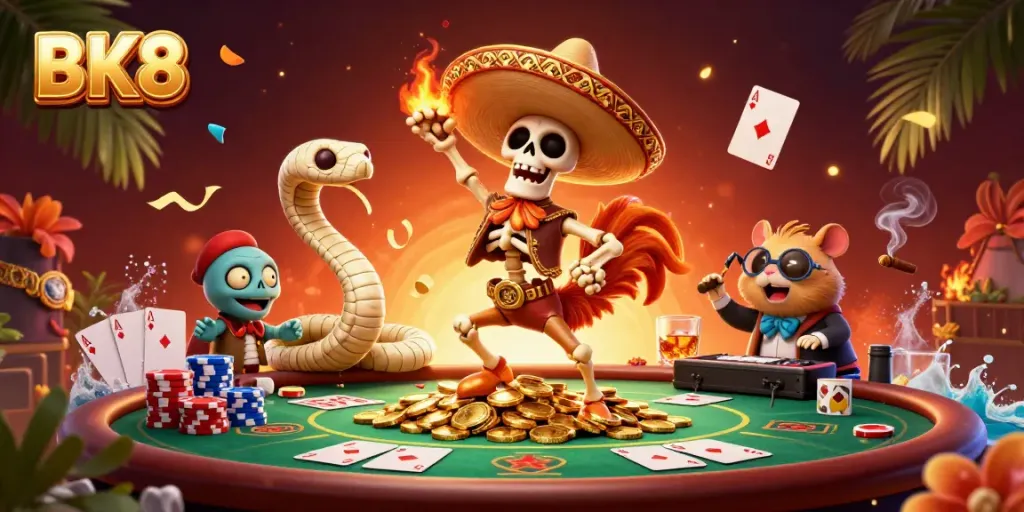 BK8 offers thrilling gameplay with 3D characters celebrating victory over a poker table stacked with chips.