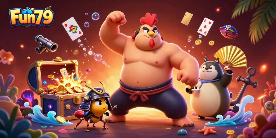 Experience thrilling entertainment at Fun79 with a fierce sumo wrestler and exciting casino elements.