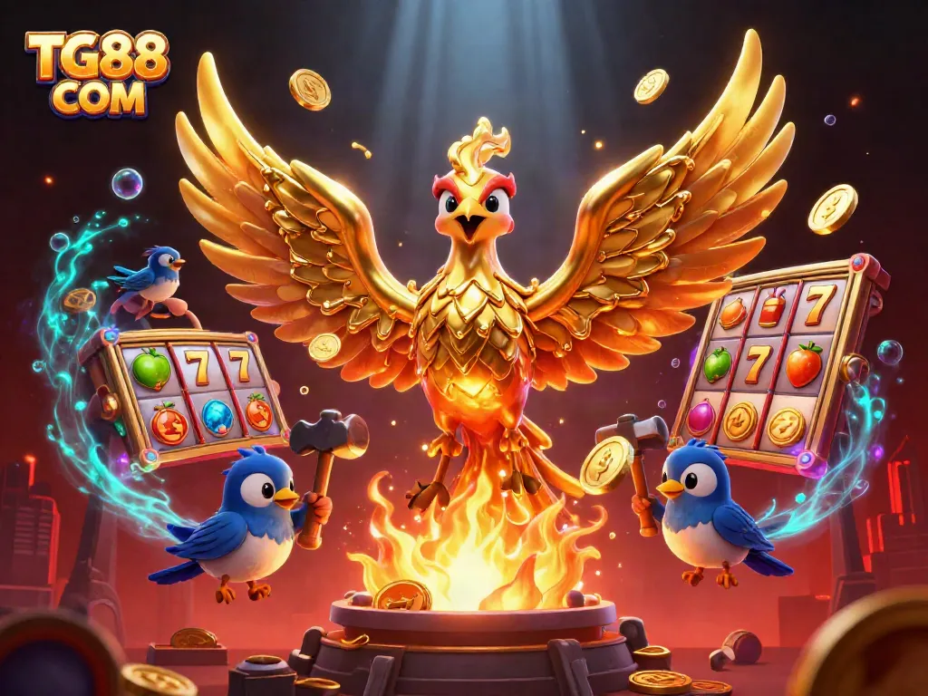 Experience the excitement of slot gaming with TG88 COM through a vivid 3D illustration featuring a molten golden phoenix amidst dynamic gaming elements.