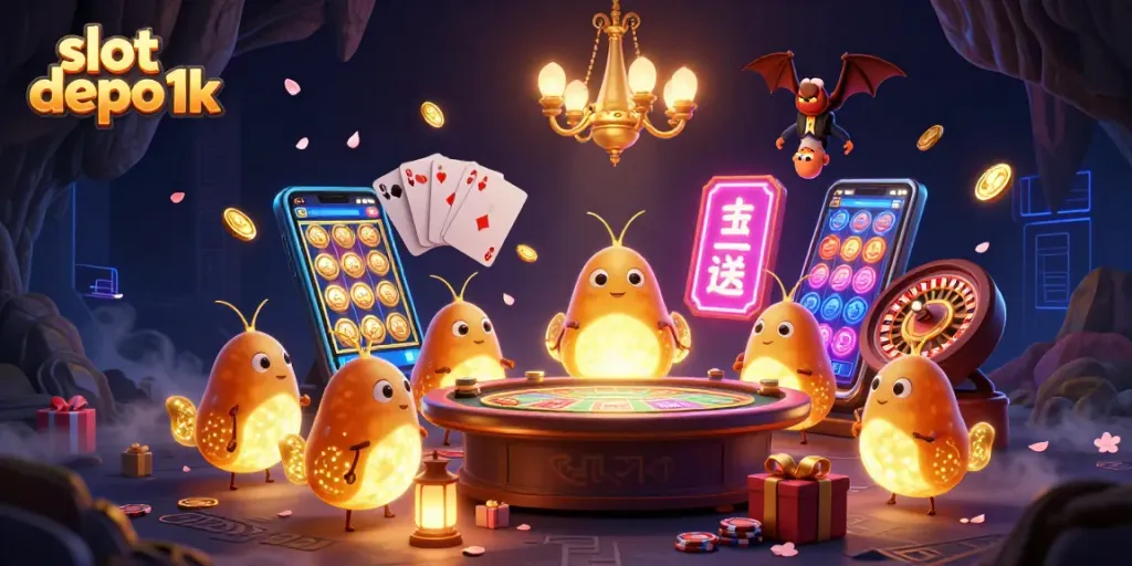 Experience thrilling spins with slot depo 1k in this vibrant 3D casino scene.