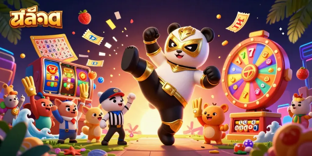 Experience engaging slot action with the energetic wrestler panda and casino elements.