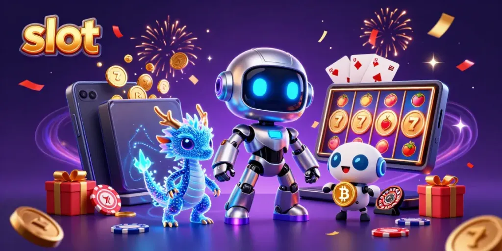 Permainan slot menarik dengan robot dan naga holografik di tengah ledakan koin.