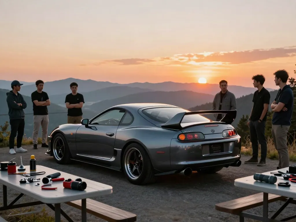 The A80 platform showcased in an automotive gathering at a mountain overlook, emphasizing its iconic design and enthusiast culture.