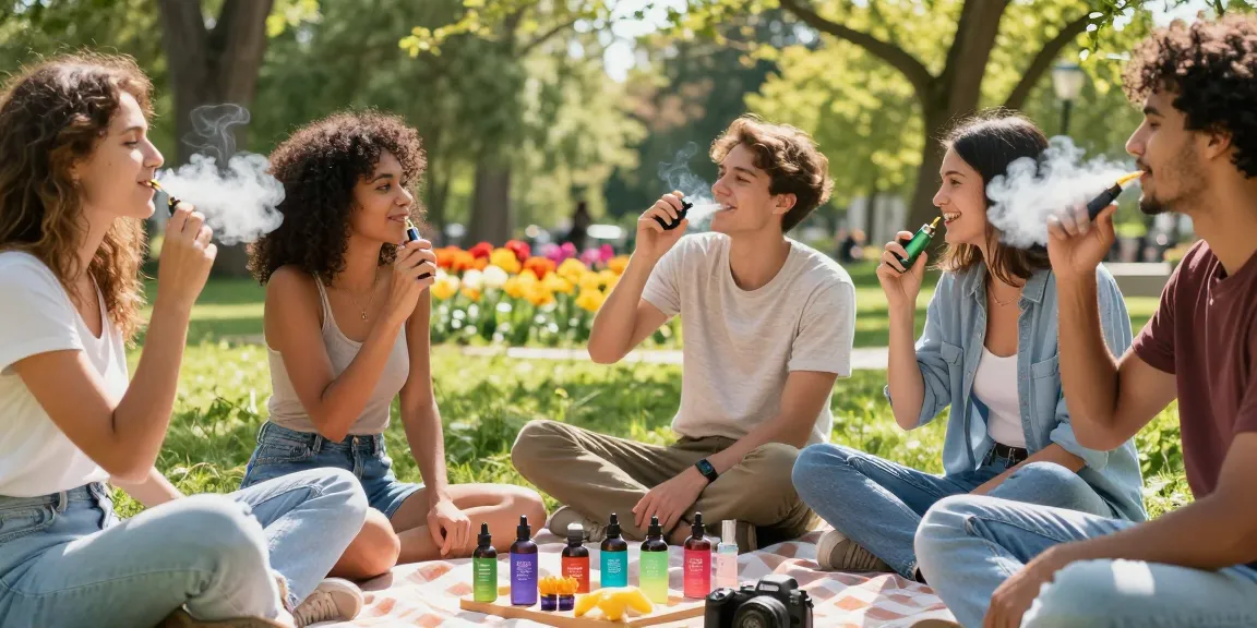 Is vaping legal in Cyprus? A vibrant outdoor scene demonstrating social vaping with natural CBD products.