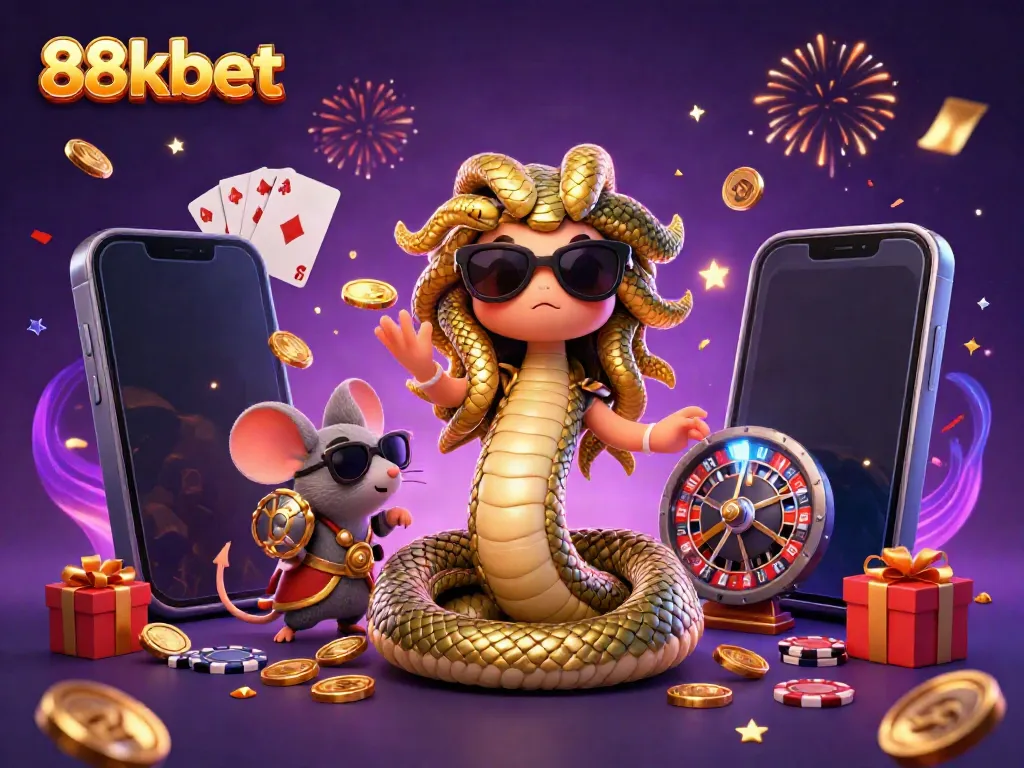 Engaging scene with friendly Medusa and a warrior mouse celebrating big wins at 88kbet casino with games.