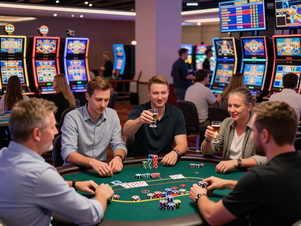 Lithuania casino operator reviews highlighting an engaging and lively gaming atmosphere with players enjoying table games and slots.