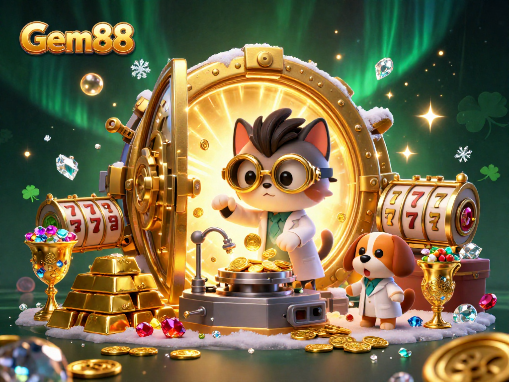 Explore Gem88's vibrant casino adventure with a mad scientist cat and loyal dog amidst treasures.