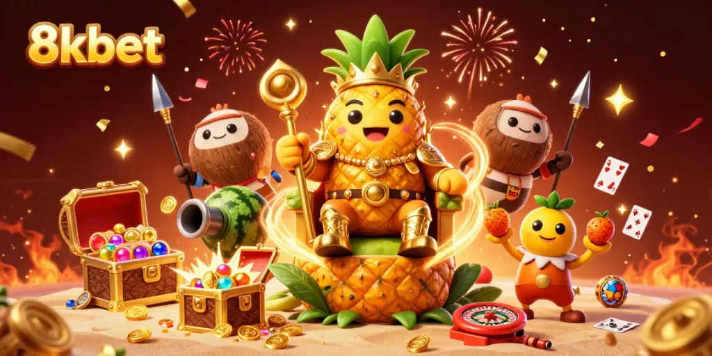 Experience the fun with 8xbet's vibrant casino scene featuring a pineapple king and dynamic game elements.