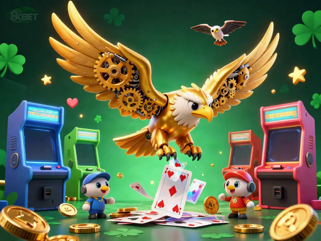 Experience thrilling gameplay at 8KBET with a dynamic scene featuring an eagle and holographic cards.