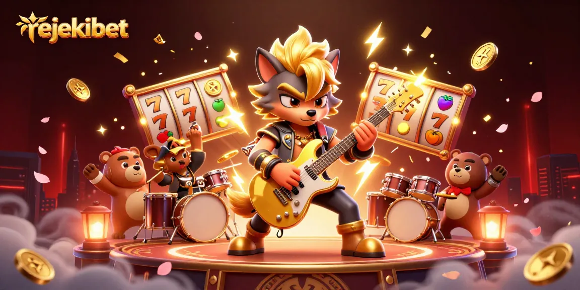 Experience rejekibet with a 3D illustration of a rock star wolf and drummer bear celebrating big wins.