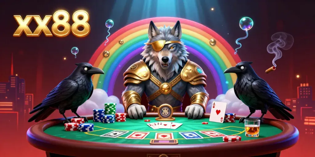 Experience epic gameplay with xx88 at a colorful poker table featuring vibrant characters and casino elements.