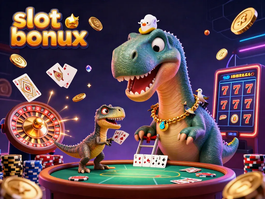 Experience the excitement of slot bonus with a playful brontosaurus in a vibrant casino scene.