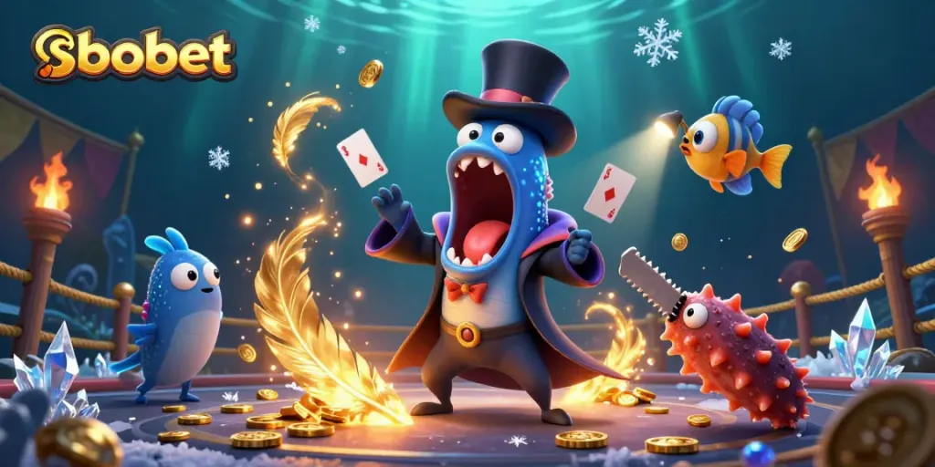 Experience sbobet excitement with vibrant underwater casino characters performing magic tricks.