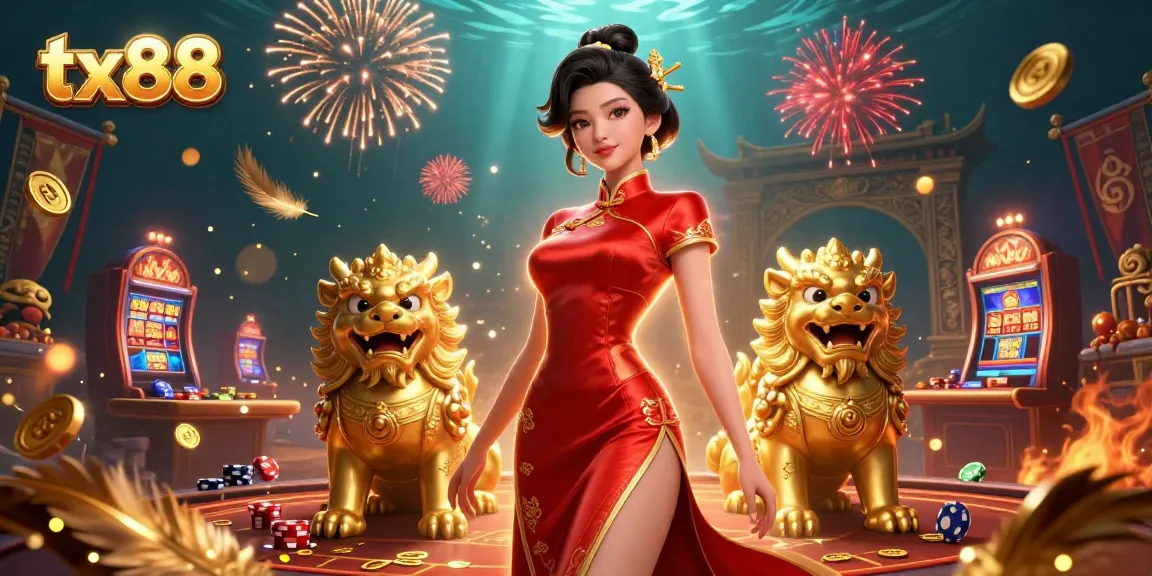 Engage in dynamic gaming action at tx88 with a glamorous scene showcasing poker and casino elements.