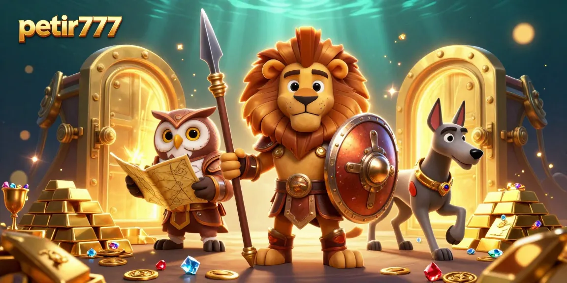 Engage with petir777 in an exciting casino adventure featuring a Spartan lion, strategic owl, and swift greyhound amidst treasure.