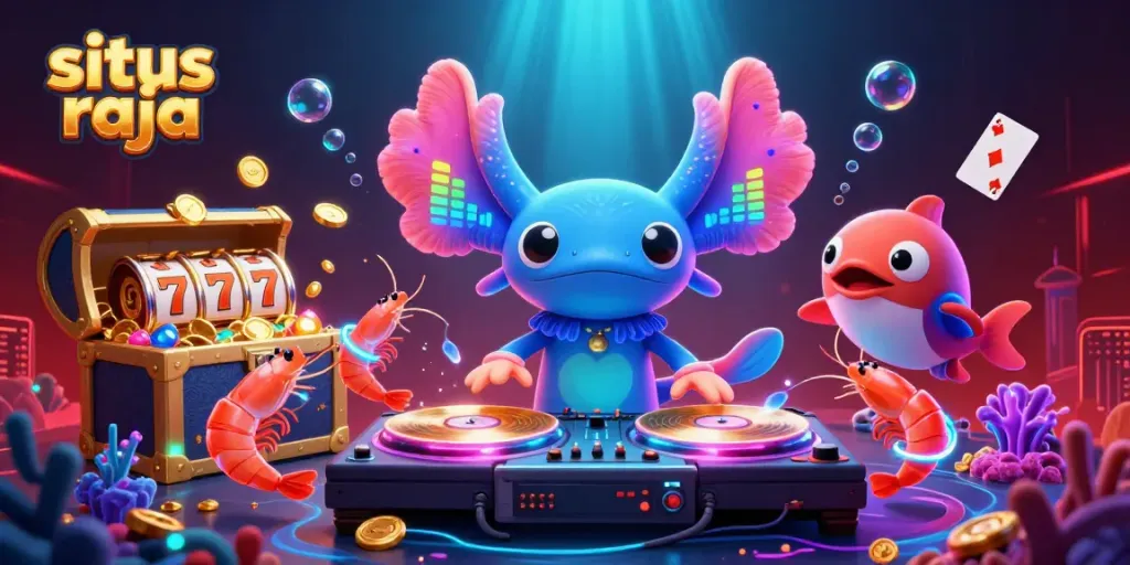 Gambarkan pengalaman menarik di situs raja dengan ilustrasi 3D warna-warni menggambarkan kasino bawah air.