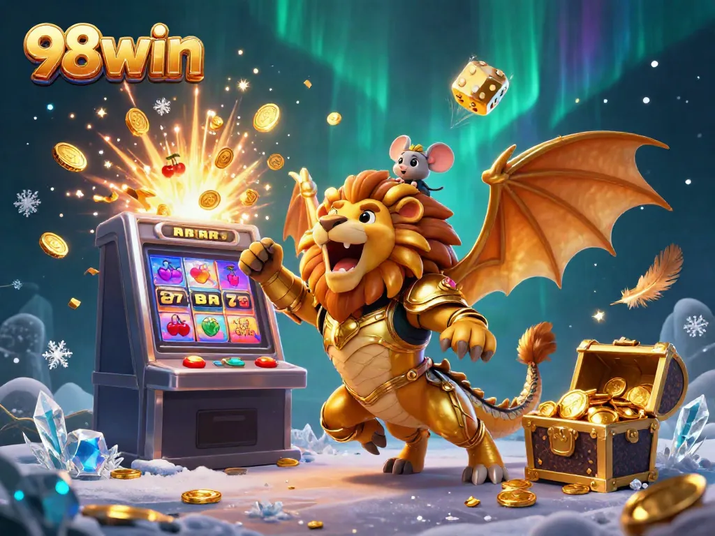 Experience the excitement of 98win with a lively chimera and mouse jockey amidst a thrilling jackpot scene.