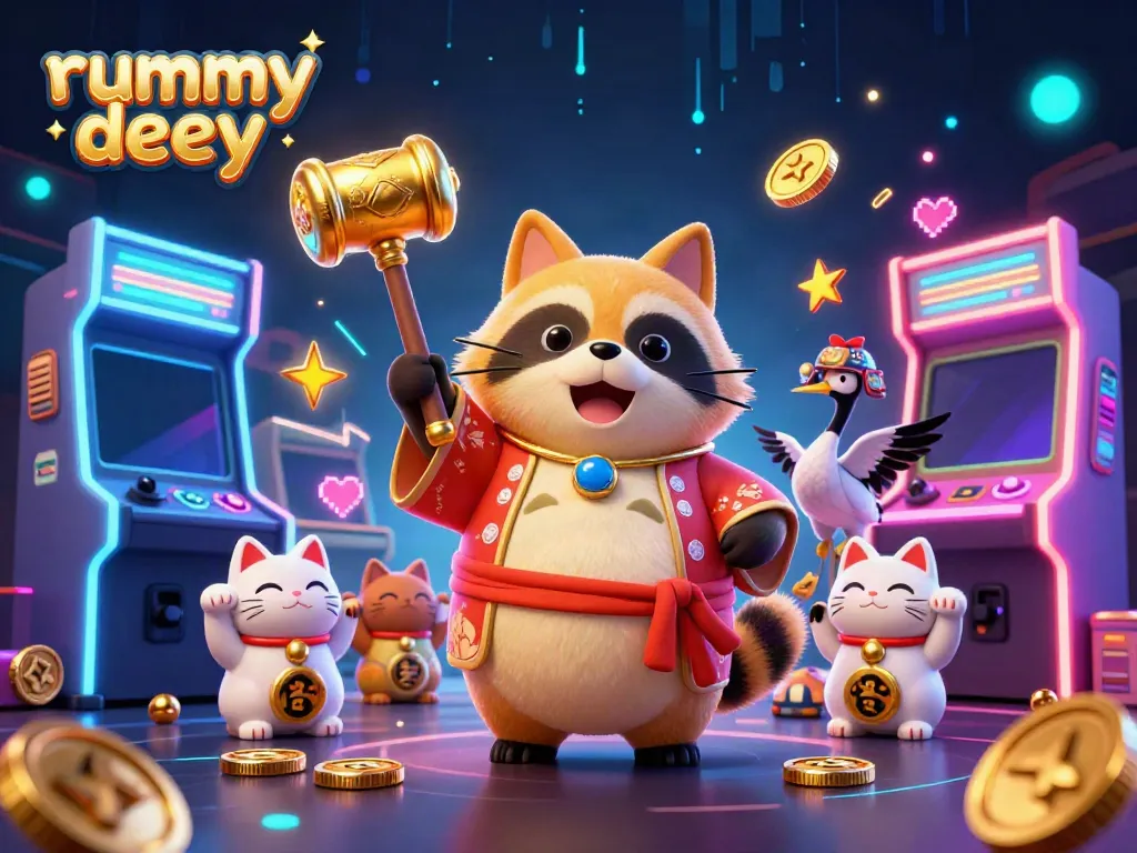 Permainan Rummy Deity dengan karakter ceria dan elemen kasino menonjol dalam ilustrasi 3D yang dinamis.
