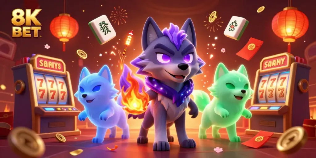 Experience thrilling casino action with 8K BET featuring a mystical shadow wolf surrounded by vibrant game elements.