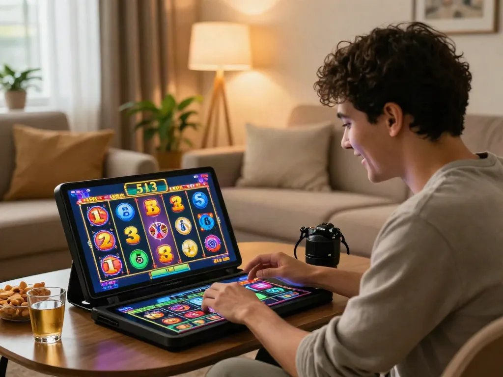 Player enjoying 513 Slots on a mobile device in a cozy living room.