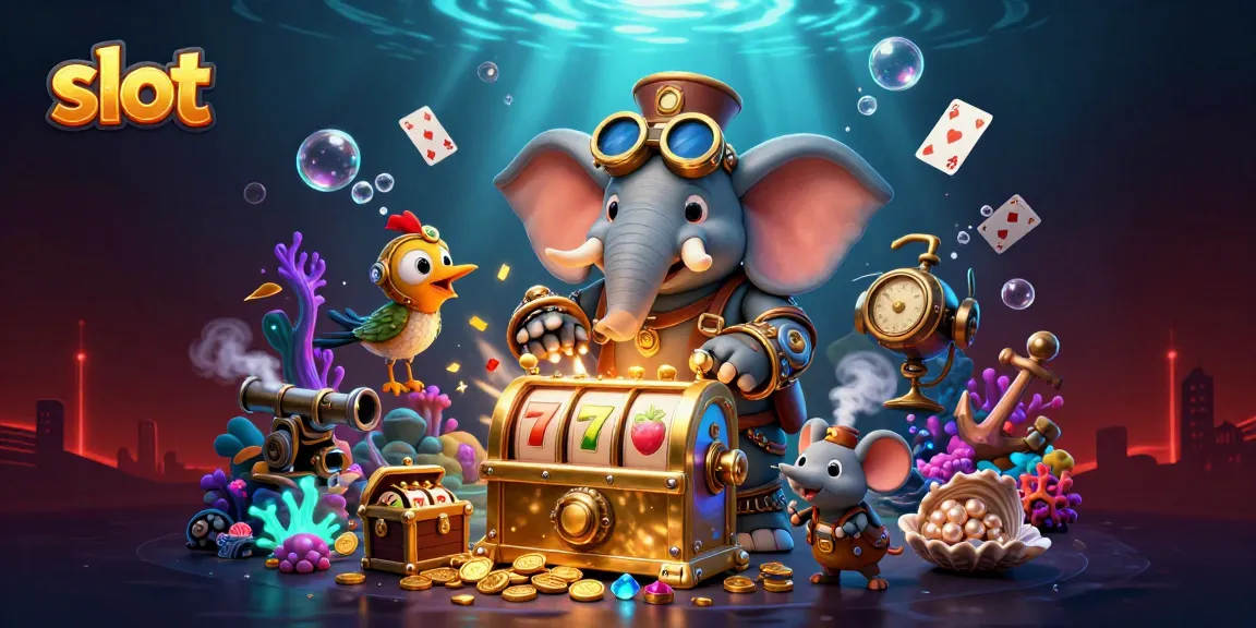 Spin slot reels with a steampunk elephant engineer amidst colorful treasures and undersea elements for big wins.