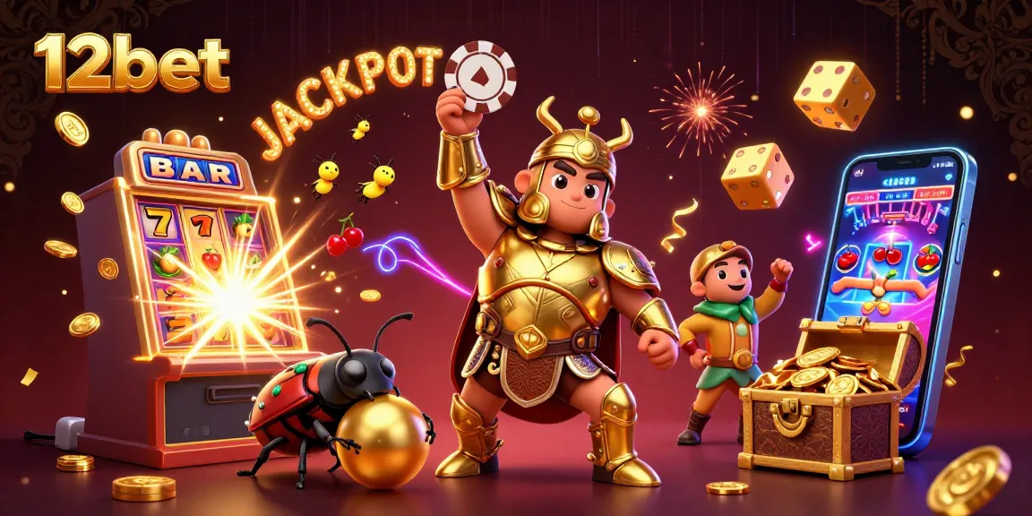 Chơi 12bet, bọ cánh cứng cầm chip poker trong khi núi vàng và máy slot lấp lánh quanh