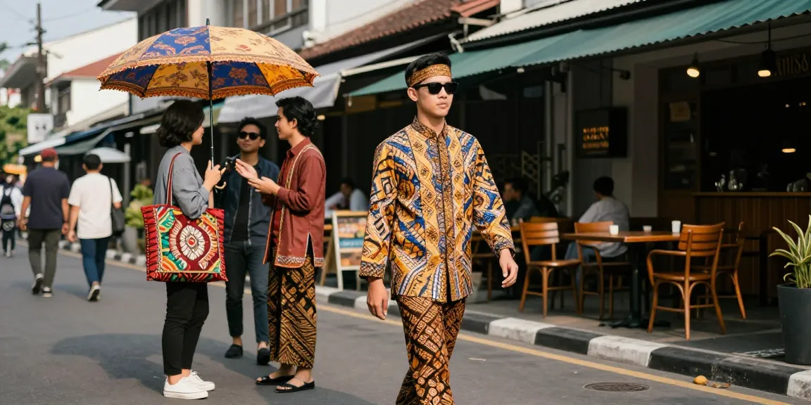 Gaya busana tradisional BATIK88 dengan latar belakang perkotaan yang ramai.