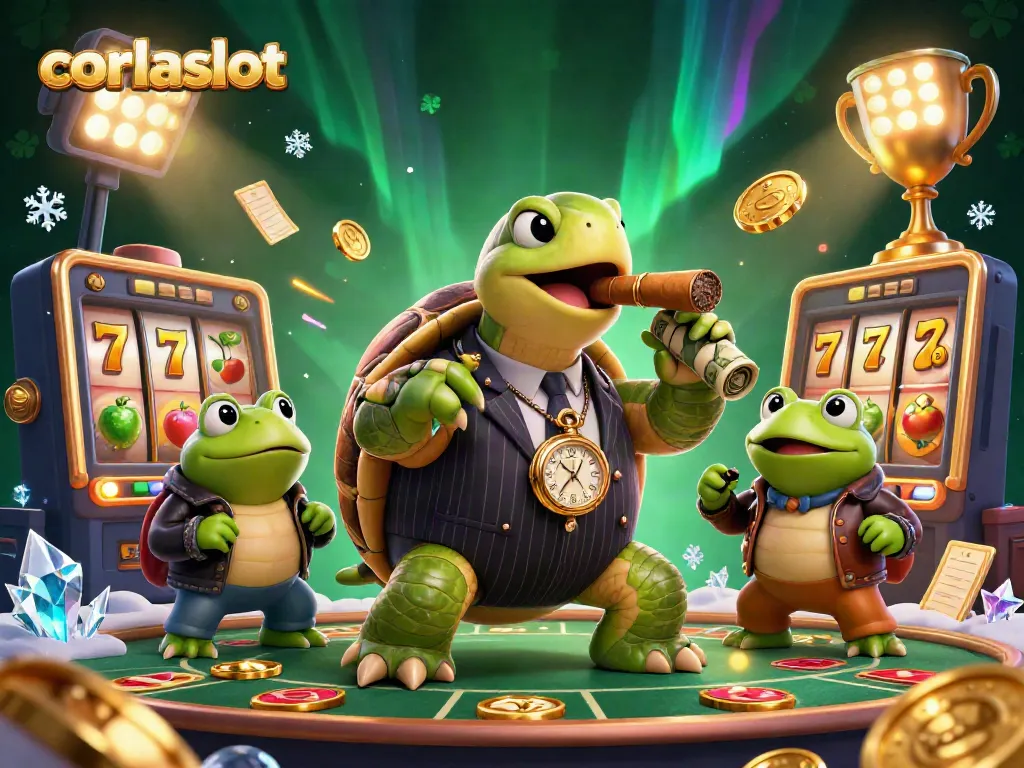 Corlaslot features an engaging 3D scene of a turtle and bullfrogs in a lively vintage casino atmosphere.
