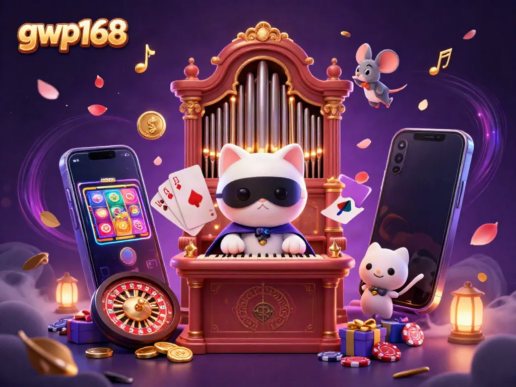 Menggoda pemain dengan gwp168, ilustrasi 3D kasino otomatis yang megah dengan kucing dan akrobat.