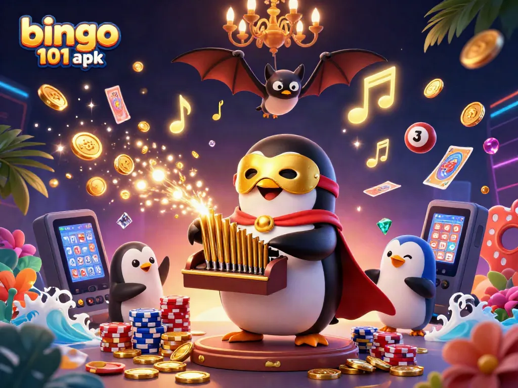 Experience the excitement of bingo 101 apk with a 3D penguin playing and golden coins cascading.